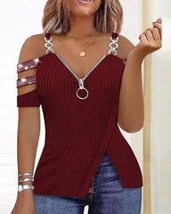 Showlu Fashion Store 0 I / S Leisure Summer New Product Women's Shirt 2023 Leopard Pattern Zipper Details Split Bottom Cold Shoulder Versatile Vintage Top