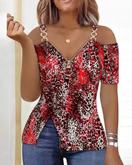 Showlu Fashion Store 0 Leisure Summer New Product Women's Shirt 2023 Leopard Pattern Zipper Details Split Bottom Cold Shoulder Versatile Vintage Top