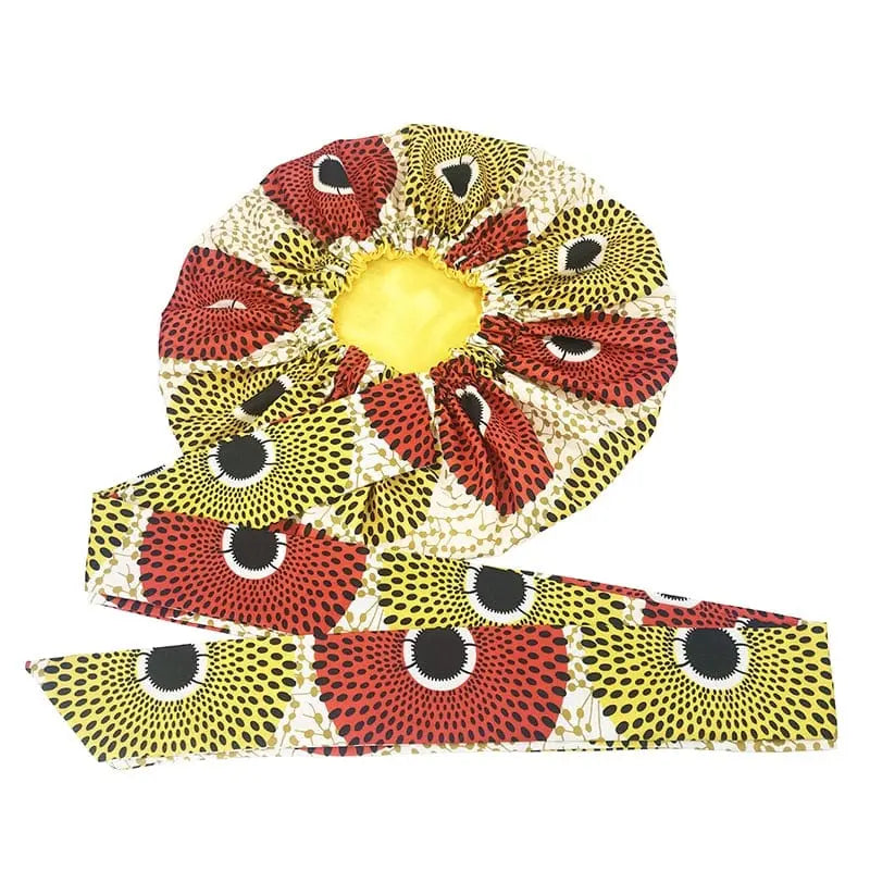 Showlu Store Nation 0 style7 New African Ankara Pattern Satin Linned Bonnet Women Long Ribbon Headwrap Double Layer Headscarf Big Size Adult Hair Cover