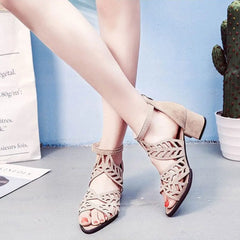 Showlu Fashion Store 0 2022 New Style Women Summer Hollow Out Faux Leather Rhinestones Thick Heel Zipper Sandals Shoes Eur 35-41