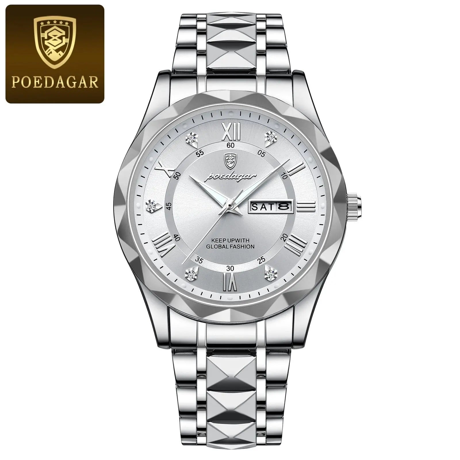 Showlu Fashion Store 0 Silver White POEDAGAR Top Brand Luxury Man Wristwatch Waterproof Luminous Date Week Men Watches Stainless Steel Quartz Men's Watch Male reloj