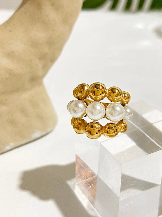 Showlu Fashion Store 0 7 / gold Peri'sbox Stainless Steel Chunky Gold Plated Ball Faux Pearls Ring Women Statement Big Large Rings Hyperbole Jewelry Waterproof
