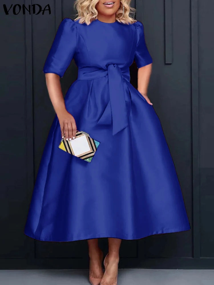 VONDA Plus Size 5XL Elegant Satin Summer Midi Dress 2024 Women Short Sleeve Vestidos Casual Belted Loose Solid Color Long Robe SHOWLU FASHION STORE