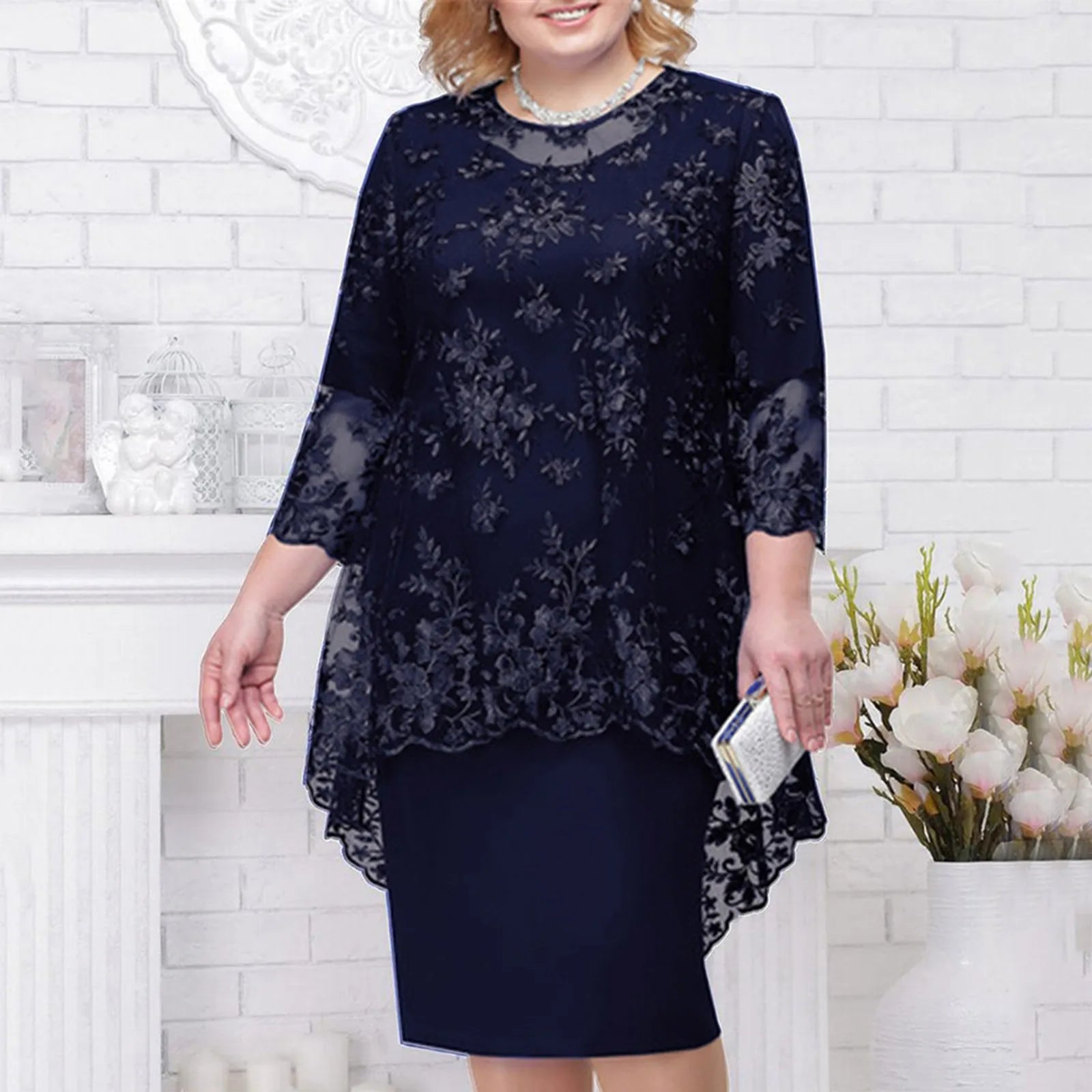 Women's Elegant Lace Embroidery Evening Dress Half Sleeve Knee-Length Round Neck Solid Temperment Dress For Middle-Age Women SHOWLU FASHION STORE