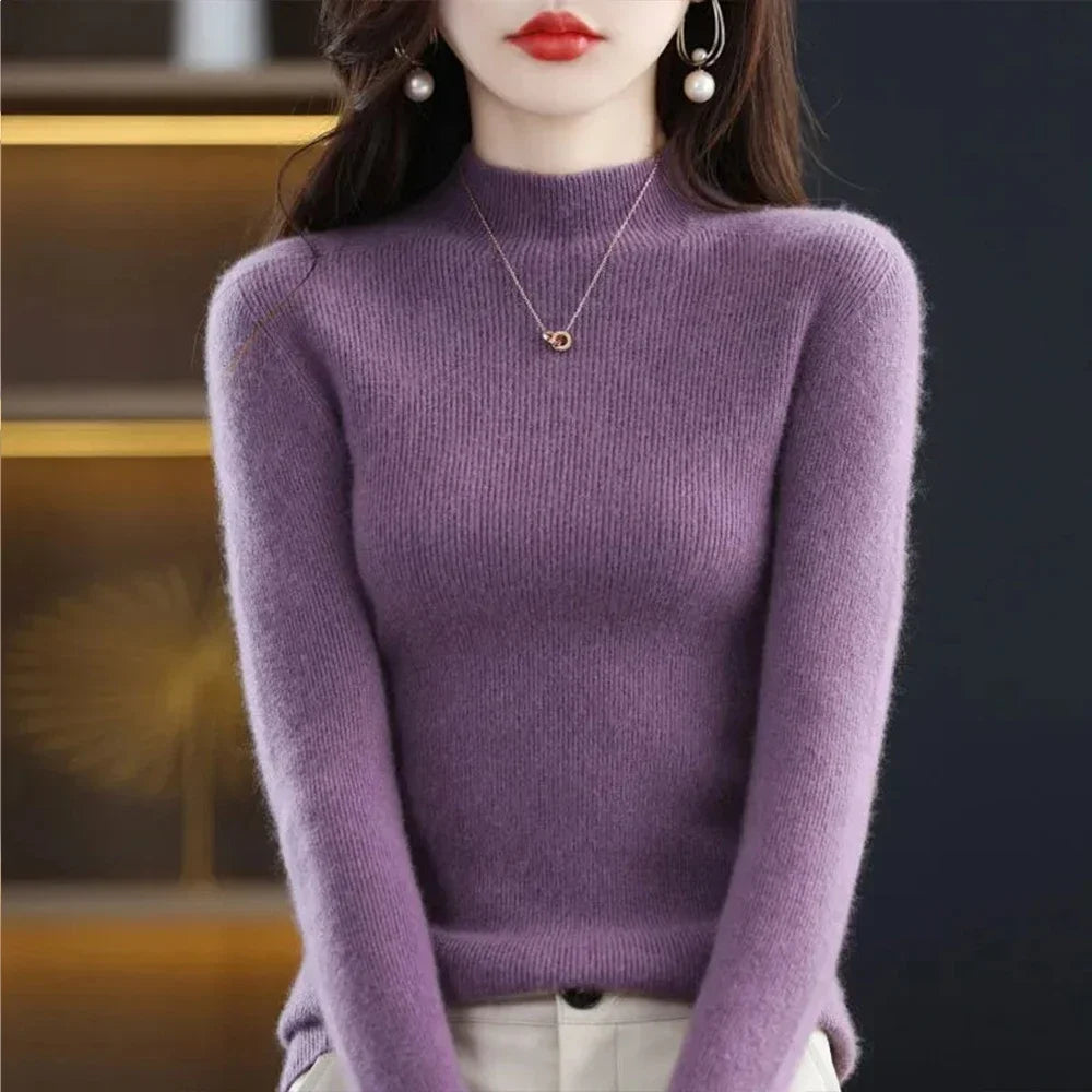 Temperament Pleated Pullover Sweater For Women Long-Sleeve Female S-2XL Siz Half High Collar Underlay Sleeve Sweater Slim Fit SHOWLU FASHION STORE