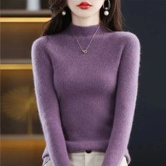 Temperament Pleated Pullover Sweater For Women Long-Sleeve Female S-2XL Siz Half High Collar Underlay Sleeve Sweater Slim Fit SHOWLU FASHION STORE