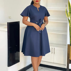 Women's plus Size Swing Dress Summer 2025 Fashion Temperament Solid Color Lace-Up Short-Sleeved Elegant Casual Maxi Dress