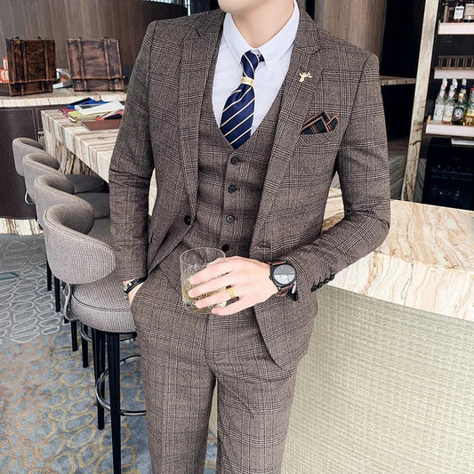 S-7XL (Jacket+Vest+Pants) Fashion Boutique Lattice Formal Business Mens Suit 3Pcs Set Groom Wedding Dress Plaid Suit Show Stage SHOWLU FASHION STORE