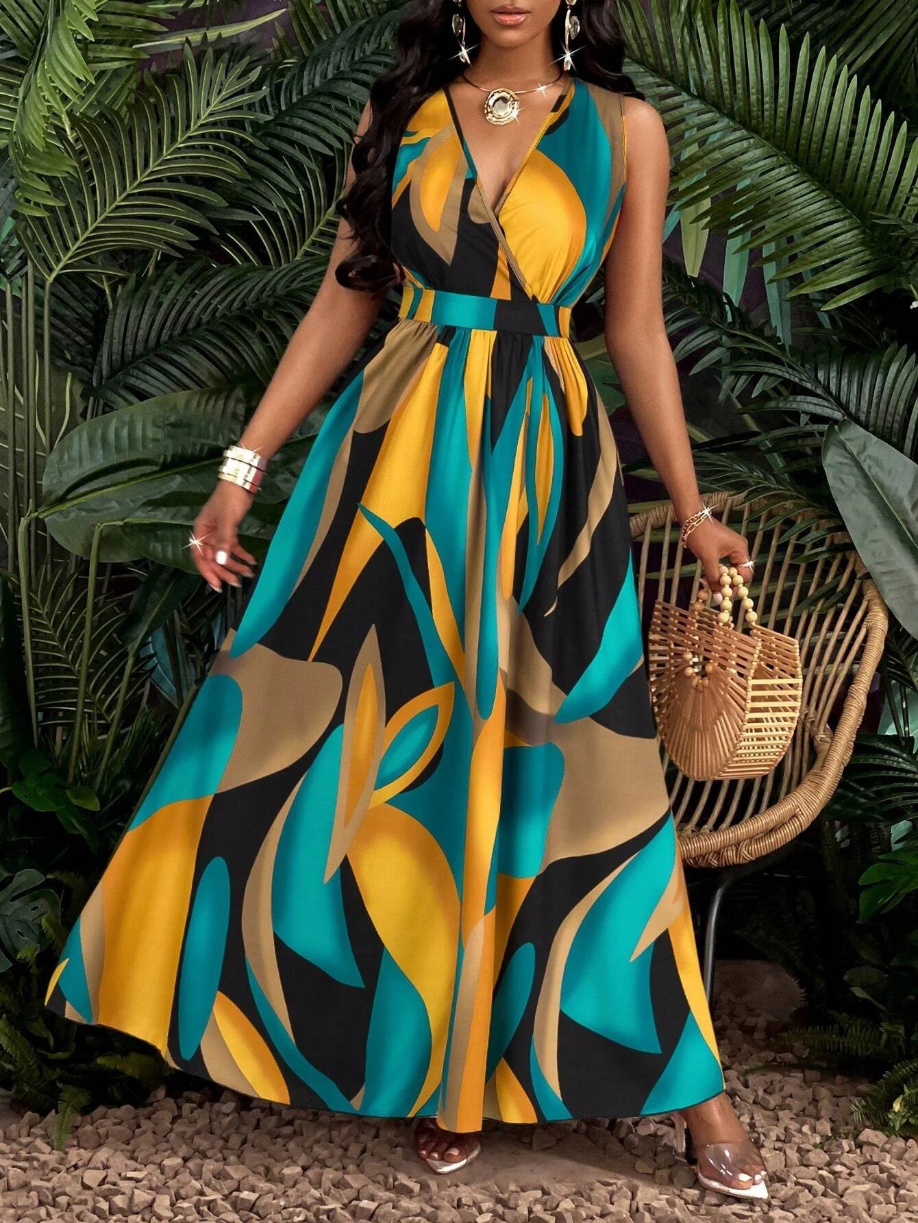 Tropical Print V-Neck Waist Section Cable Knit Fit And Flare Dress Maxi Women Outfit SHOWLU FASHION STORE