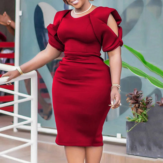 Elegant Dresses for Women O Neck Cold Shoulder Solid Package Hips Mid Calf Luxury Female Birthday Party Dinner Vestidos Mujer SHOWLU FASHION STORE