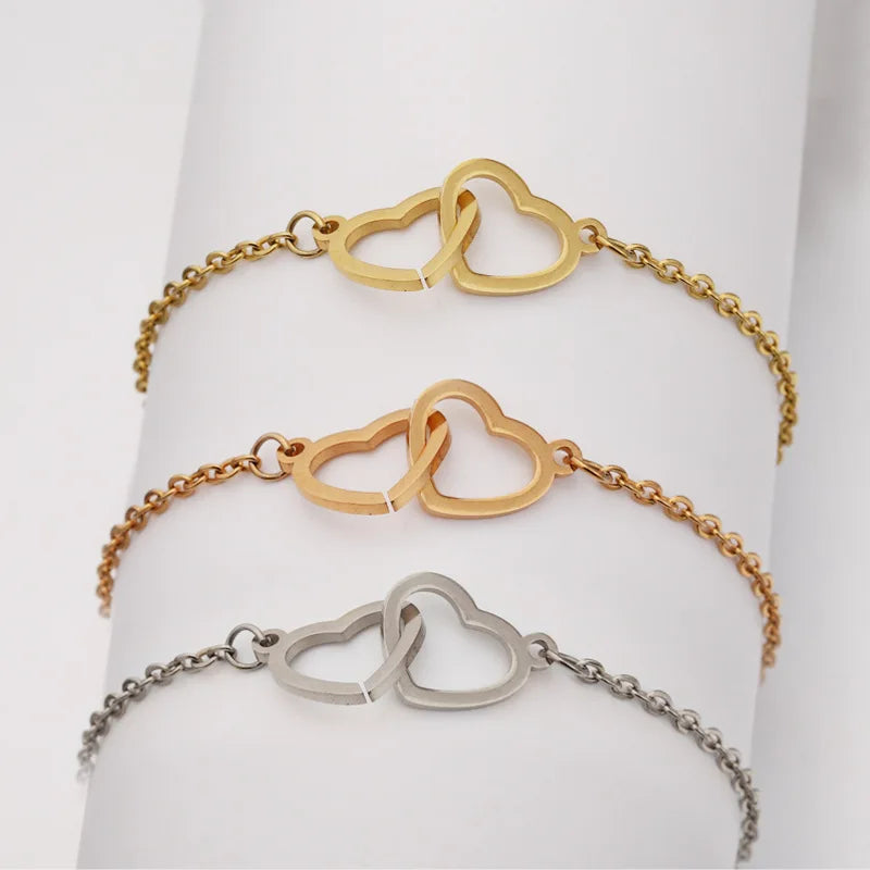 2024 New Valentine's Day Gift Double Heart Bracelets for Women Custom Engraved Name Steel Bracelets Eternal Rose Box Wedding Box SHOWLU FASHION STORE