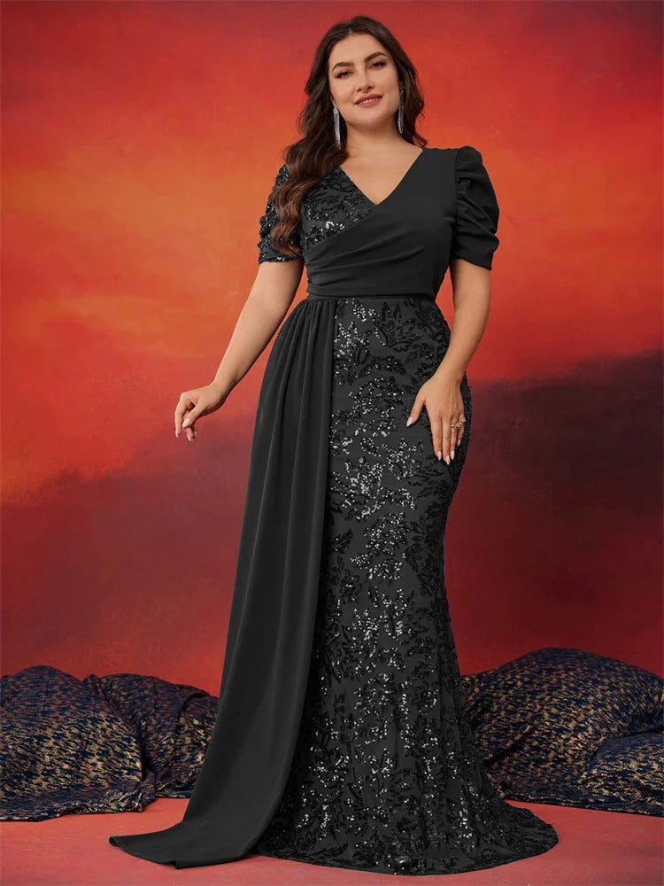 BLUEPLUM Plus Size Elegant V-neck Sequins Evening Dress Women Short Sleeves Mermaid Formal Luxury Party Streamer Prom Dress SHOWLU FASHION STORE
