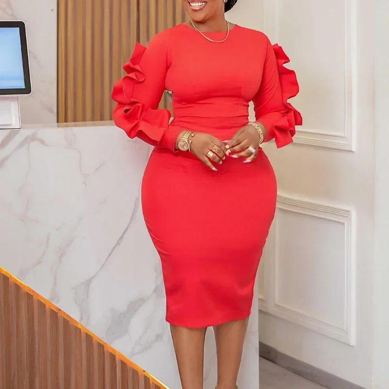 Elegant African Women Dresses White Party Dress Sexy Long Lace Sleeve Peplum Knee Length Christmas Event Evening Africa Gowns SHOWLU FASHION STORE