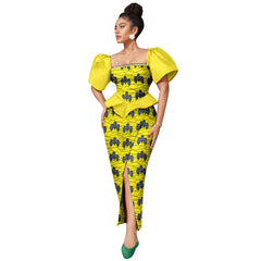 Africa Ankara Printed Women's Dress Short Sleeve Patchwork Square Neck Bubble Sleeve Split Dresses 2425186 SHOWLU FASHION STORE