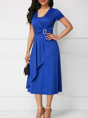 Summer Dresses Elegant Women Solid Color Short Sleeve V Neck Asymmetric Hem Waist Tight Midi Party Dress Ladies Evening Vestidos SHOWLU FASHION STORE