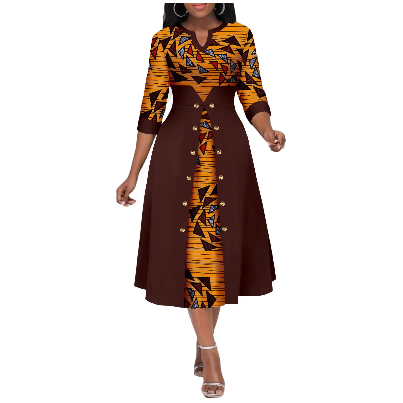 Africa Ankara Printed Fabric Women's Dress V Neck Sexy Double Hem Splicing Clash Color Model Skirt 2425190 SHOWLU FASHION STORE