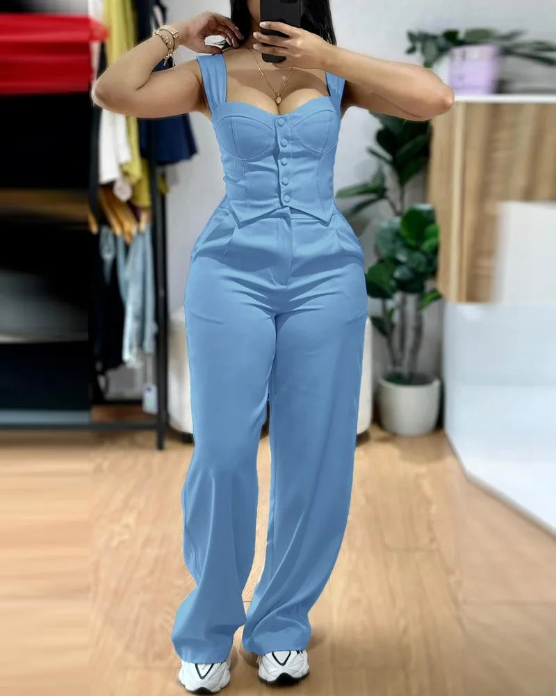 Elegant Women 2 Piece Thick Strap Button Front Slim Fit Tank Top and High Waist Wide Leg Pants Casual Outfit Set SHOWLU FASHION STORE