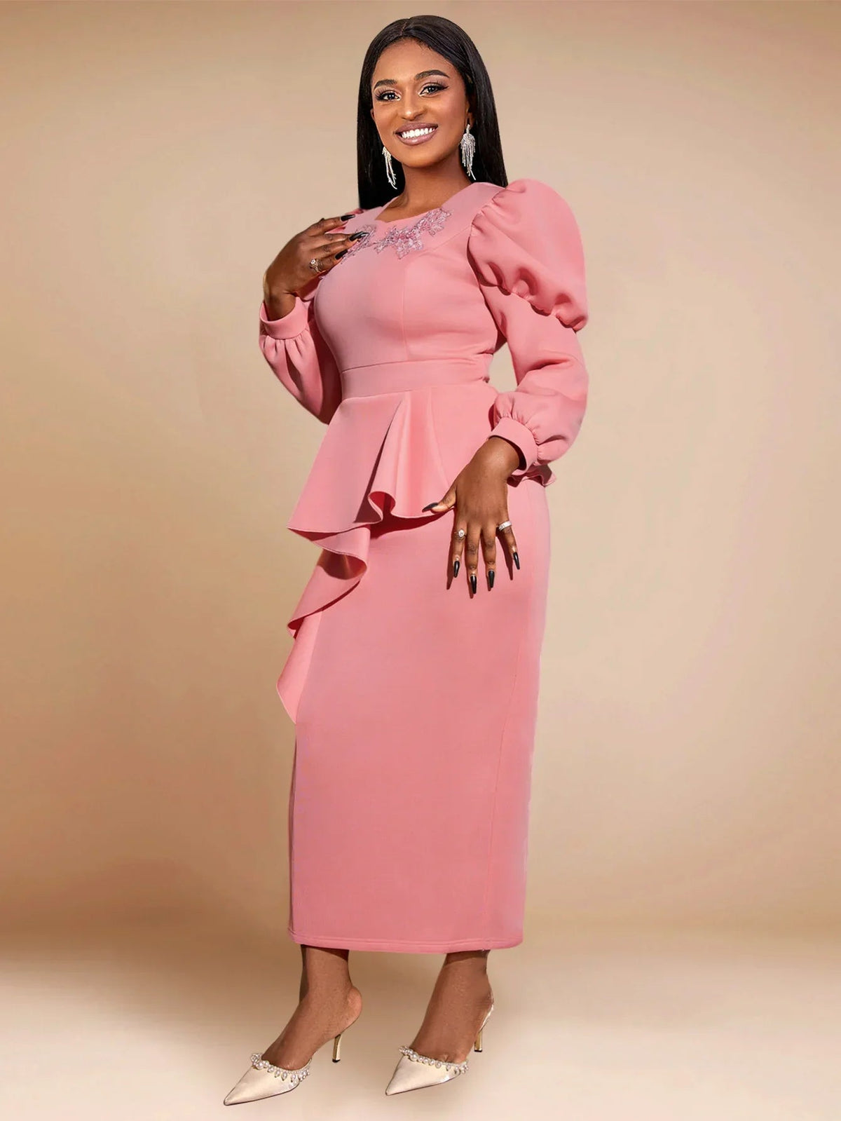 Pink Long Dresses for Women Long Sleeve High Waist Ruffles Peplum Package Hip Evening Banquets Birthday Party Outfits 2024 New SHOWLU FASHION STORE