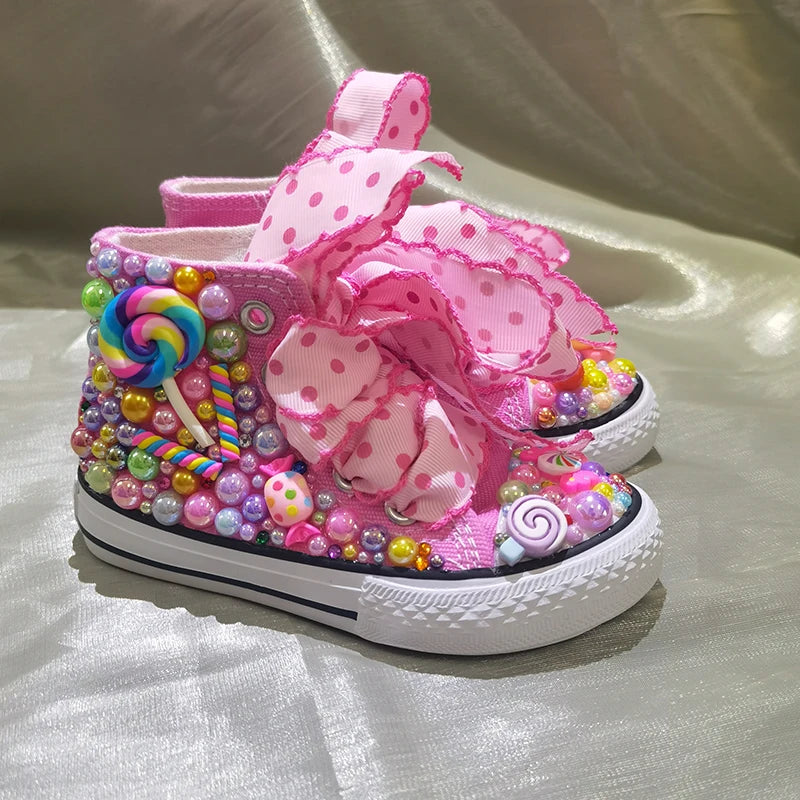Random Lollipop Rainbow Candy Canvas Simulation DIY Kids Pearls Sneakers For Girl Birthday Party Dollbling Handmade Bling Shoes SHOWLU FASHION STORE