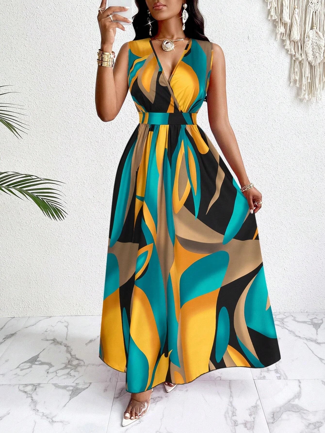 Tropical Print V-Neck Waist Section Cable Knit Fit And Flare Dress Maxi Women Outfit SHOWLU FASHION STORE