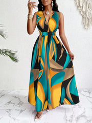 Tropical Print V-Neck Waist Section Cable Knit Fit And Flare Dress Maxi Women Outfit SHOWLU FASHION STORE