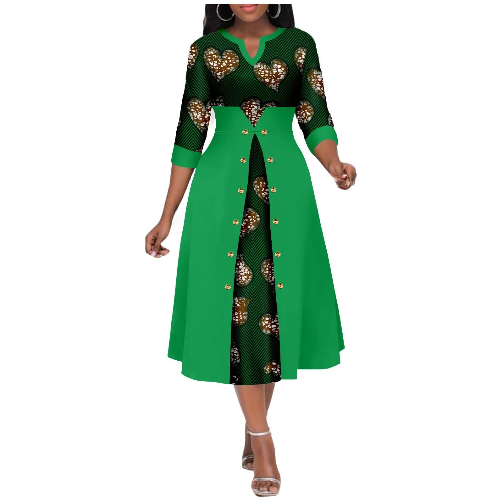 Africa Ankara Printed Fabric Women's Dress V Neck Sexy Double Hem Splicing Clash Color Model Skirt 2425190 SHOWLU FASHION STORE