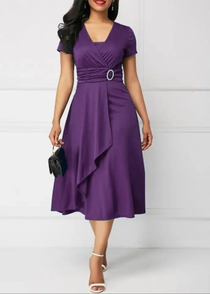 Summer Dresses Elegant Women Solid Color Short Sleeve V Neck Asymmetric Hem Waist Tight Midi Party Dress Ladies Evening Vestidos SHOWLU FASHION STORE