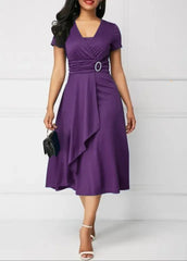 Summer Dresses Elegant Women Solid Color Short Sleeve V Neck Asymmetric Hem Waist Tight Midi Party Dress Ladies Evening Vestidos SHOWLU FASHION STORE