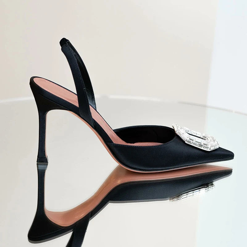 Rhinestone Toe Sandals Women's New Black Versatile Temperament Silk Pointed Toe Back Strap Stiletto Heels SHOWLU FASHION STORE