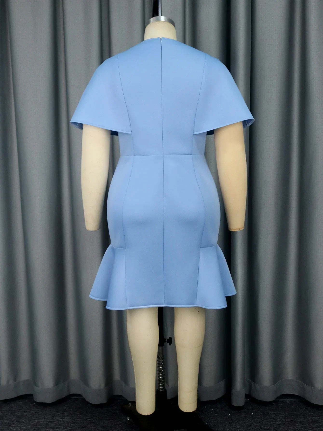 2024 Blue Mini Dress with Round Neck Open Sleeves High Waist Hip Hugging Ruffled Edges Evening Dress AOMEI Summer Women Clothing SHOWLU FASHION STORE