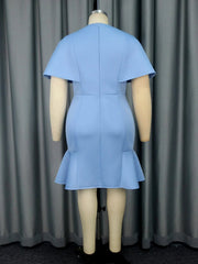 2024 Blue Mini Dress with Round Neck Open Sleeves High Waist Hip Hugging Ruffled Edges Evening Dress AOMEI Summer Women Clothing SHOWLU FASHION STORE