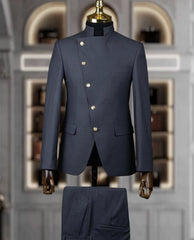 Fashion Stand Collar Men Suits 2 Piece Formal Single Breasted Smart Casual Outfits Solid Color Chic Wedding Party Slim Male Suit