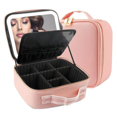 Makeup Bag with LED Mirror Travel Large Train Case Cosmetic Organizer Make Up Bags with 3 Color Lights and Adjustable Dividers