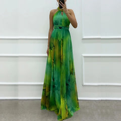 Vintage Pattern Printed Sleeveless Party Dress Casual High Waist Bohemian Dresses New Sexy Halter Hollow Out Women's Long Dress