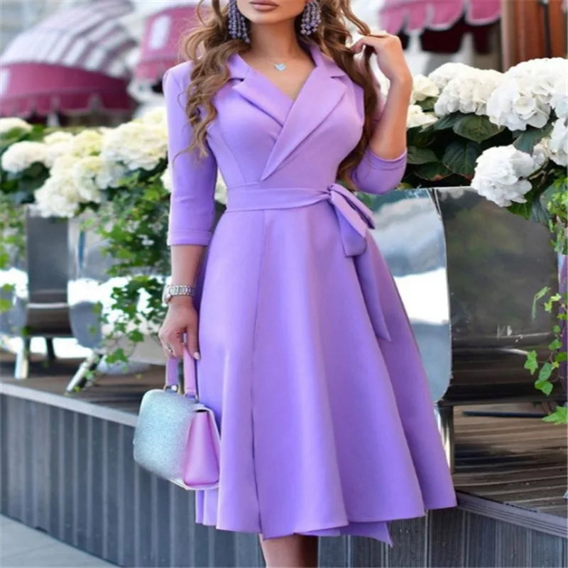 Women's Fashion V-neck Strap Waist Dress New Mid-sleeve Women's Dress Temperament Commuter Women's Dress SHOWLU FASHION STORE