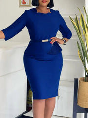 L-3XL Plus Size Elegant Midi Dress 2025 Spring Summer Women Office Lady Dress Casual 3/4 Sleeve Bandage Robe Oversize Dress SHOWLU FASHION STORE