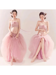 Maternity Photo Shoot Outfit Pink Sweet Tupe Top with Mesh Tutu Long Skirt 2pcs for Pregnant Women Studio Photography Shooting