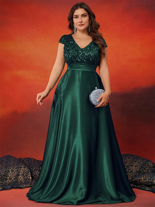 XUIBOL Plus Size Elegant V-Neck Green Sequin Evening Dress Long Luxury Women Satin Short Sleeves Party Prom Cocktail Dress SHOWLU FASHION STORE