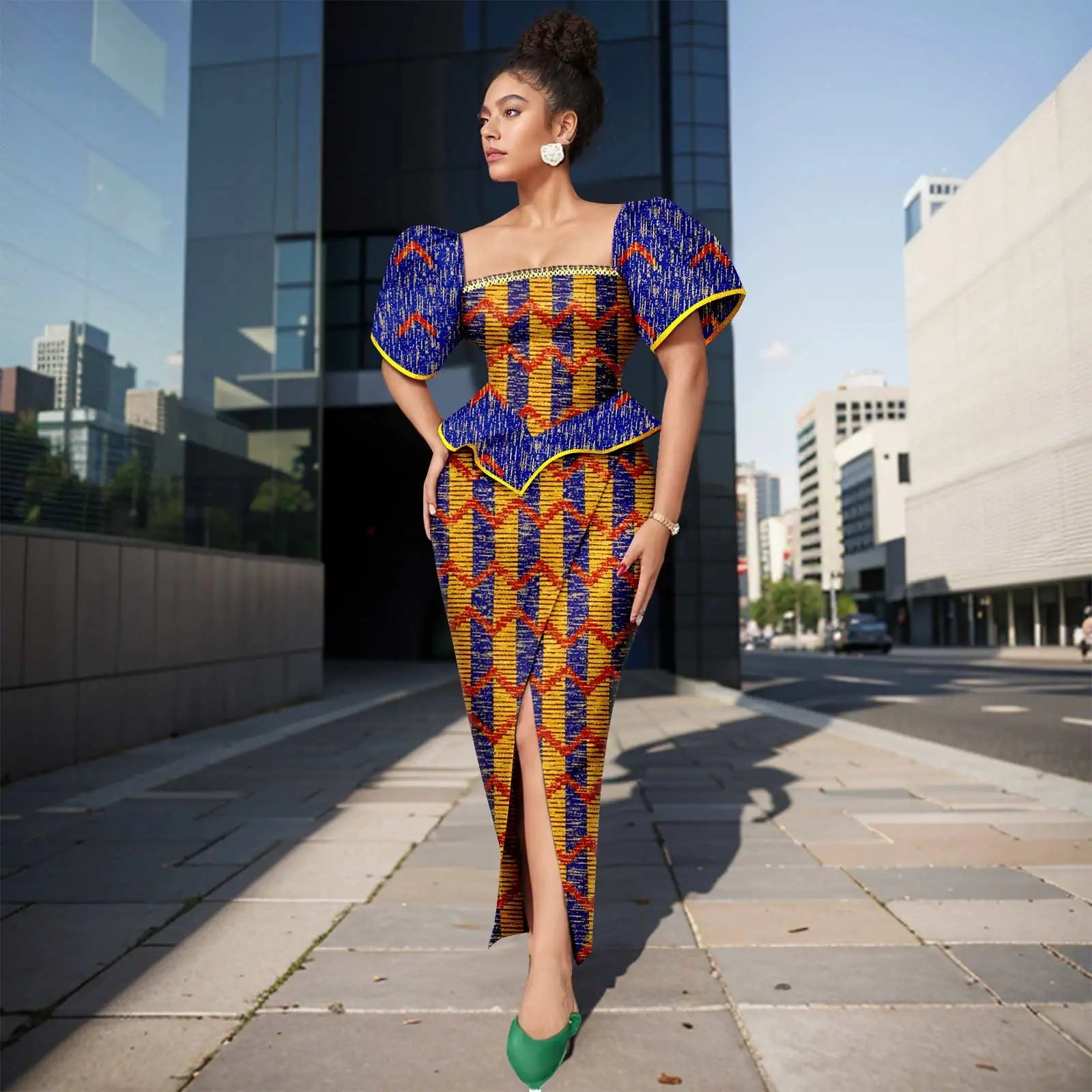 Africa Ankara Printed Women's Dress Short Sleeve Patchwork Square Neck Bubble Sleeve Split Dresses 2425186 SHOWLU FASHION STORE