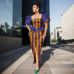 Africa Ankara Printed Women's Dress Short Sleeve Patchwork Square Neck Bubble Sleeve Split Dresses 2425186 SHOWLU FASHION STORE