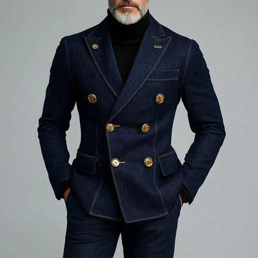 Fashion Demin Men's Suits Luxury Double Breasted Peak Lapel Slim Fit 2 Piece Jacket Pants Sets Elegant Male Clothing Outfits