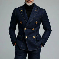 Fashion Demin Men's Suits Luxury Double Breasted Peak Lapel Slim Fit 2 Piece Jacket Pants Sets Elegant Male Clothing Outfits