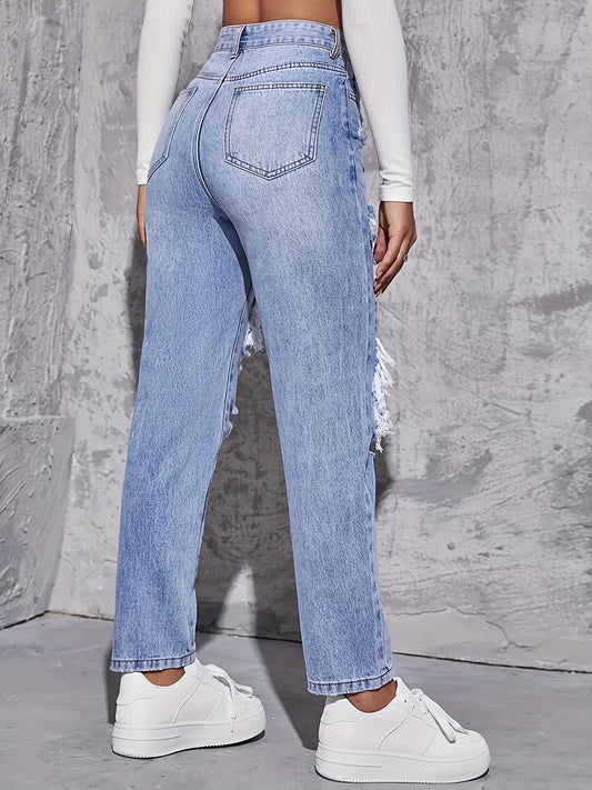 American Retro Hole-punched Jeans Women High Waist Straight-crotch Loose Slim Design High-street Vibe Wide-legged Dragging Pants SHOWLU FASHION STORE
