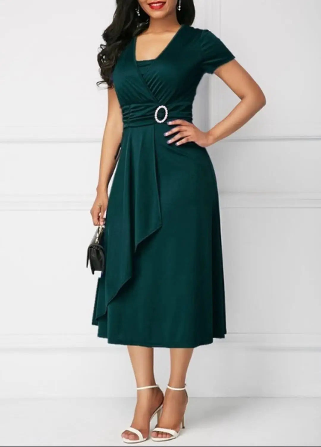 Summer Dresses Elegant Women Solid Color Short Sleeve V Neck Asymmetric Hem Waist Tight Midi Party Dress Ladies Evening Vestidos SHOWLU FASHION STORE
