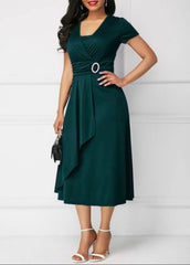 Summer Dresses Elegant Women Solid Color Short Sleeve V Neck Asymmetric Hem Waist Tight Midi Party Dress Ladies Evening Vestidos SHOWLU FASHION STORE