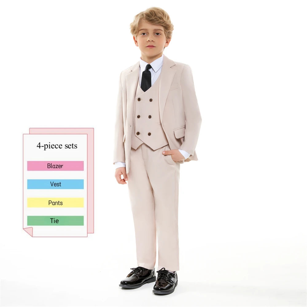 Beige Boy's Formal Suit Set, 4 Pieces Regular Fit Kids Smart Prom Suits, Jacket Vest Pants Tie Classy Solid Tuxedo For Wedding SHOWLU FASHION STORE