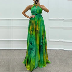 Vintage Pattern Printed Sleeveless Party Dress Casual High Waist Bohemian Dresses New Sexy Halter Hollow Out Women's Long Dress