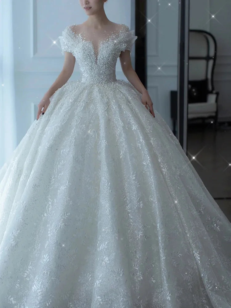 D120 2024 Princess Sexy Luxury Crystal Beaded Wedding Dress Puff Tulle White Wedding Gown Simple Bride Dress Women SHOWLU FASHION STORE