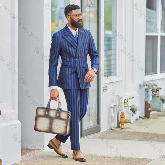 Blue and Black Stripe Men Suit Double Breasted Wedding Two Pieces Groom Wear Peaked Lapel Blazer (Jacket + Pants) SHOWLU FASHION STORE