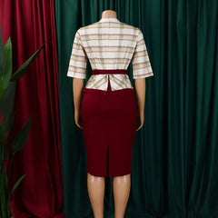 Casual Slim Office Print Patchwork Pencil Mid Dress with Belt Women Elegant V-Neck Half Sleeve Party Birthday Vestidos 2025 New